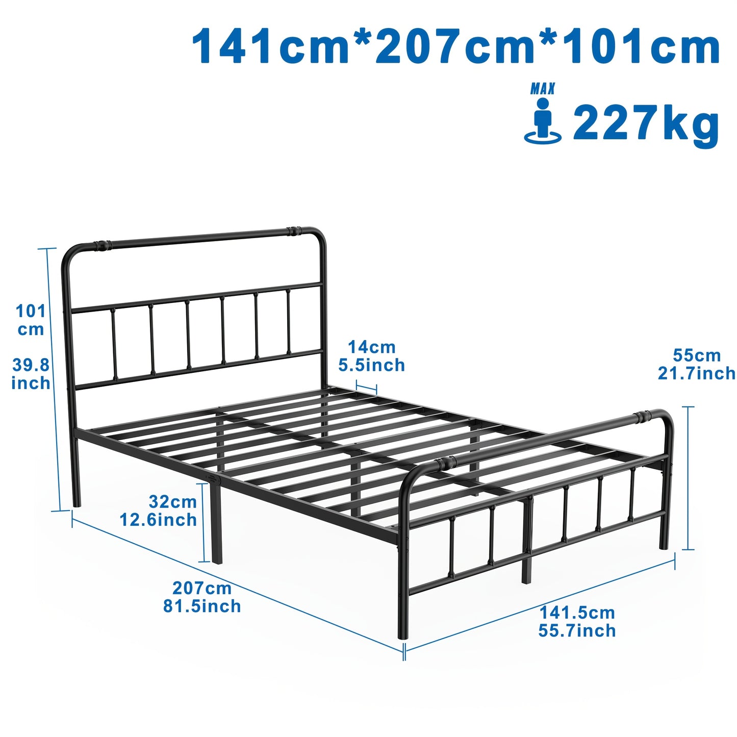 Bedframe – Metalen Bedframe – Tweepersoonsbed – Slaapbank – Bedbodem – 140x200 cm – Stevig Metalen Constructie – Inclusief Lattenbodem