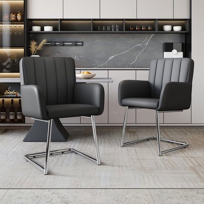 Two Piece Dining Chair, Vertical Stripe Design, Armchair with Serrated Metal Legs, Lounge Chair, Living Room Chair, Suitable for Bedroom, Study And Desk, Faux Leather, Black, Bedroom Seating, Study Chair, Sleek Lounge Chair,