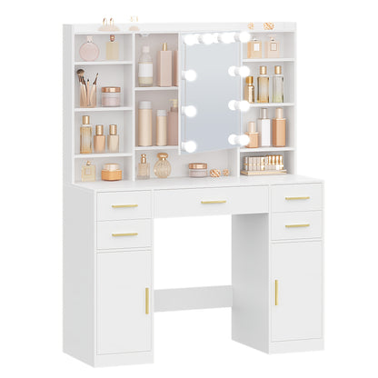 Kaptafel met Spiegel – Make-uptafel – Toilettafel – Dressoir – Schoonheidstafel – Wit – 5 Lades & 9 Open Vakken – Verborgen Opbergruimte – Modern Minimalistisch Design