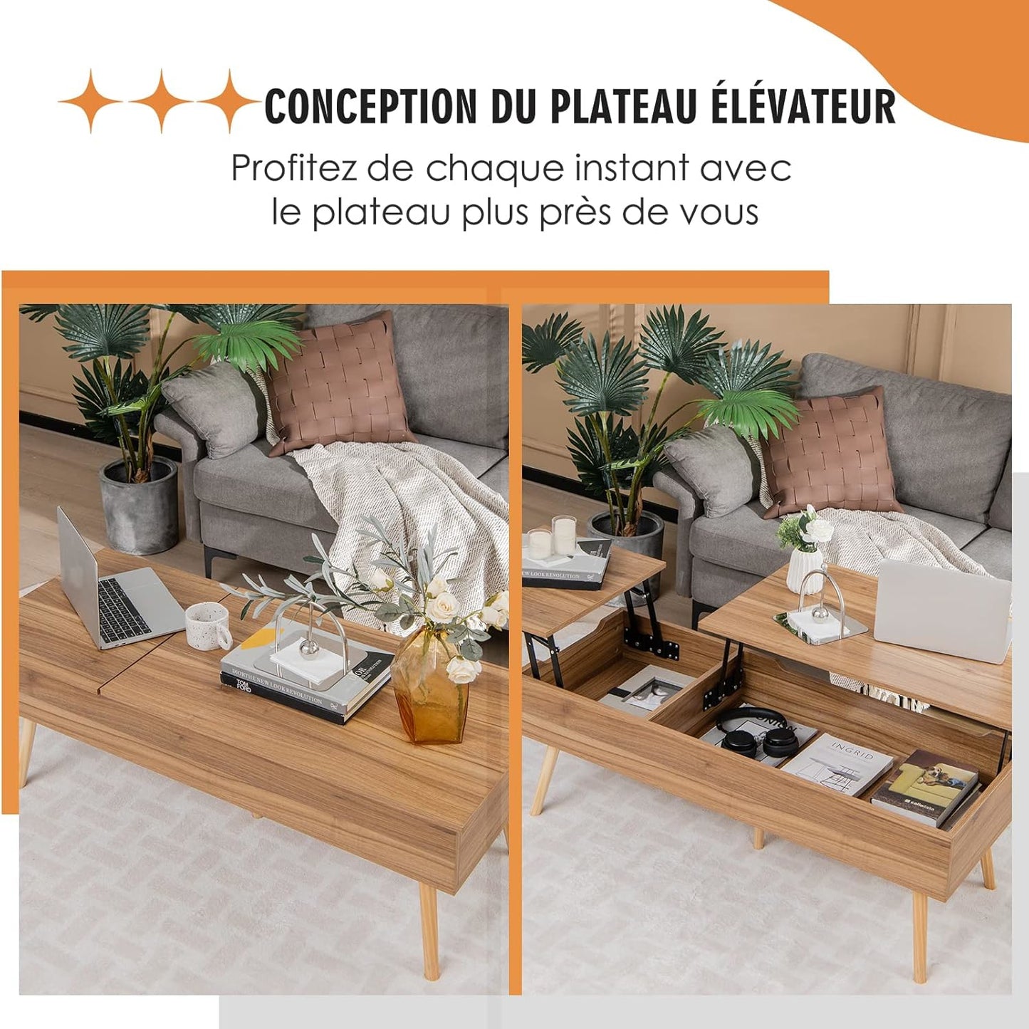 Verstelbare Salontafel – Koffietafel – Bijzettafel – Lounge Tafel – Eettafel – Met Twee Hefbare Trays – Inclusief Verborgen Opbergruimte