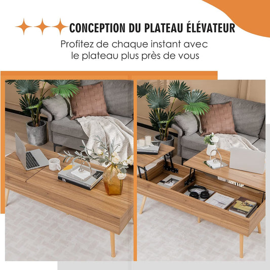 Verstelbare Salontafel – Koffietafel – Bijzettafel – Lounge Tafel – Eettafel – Met Twee Hefbare Trays – Inclusief Verborgen Opbergruimte