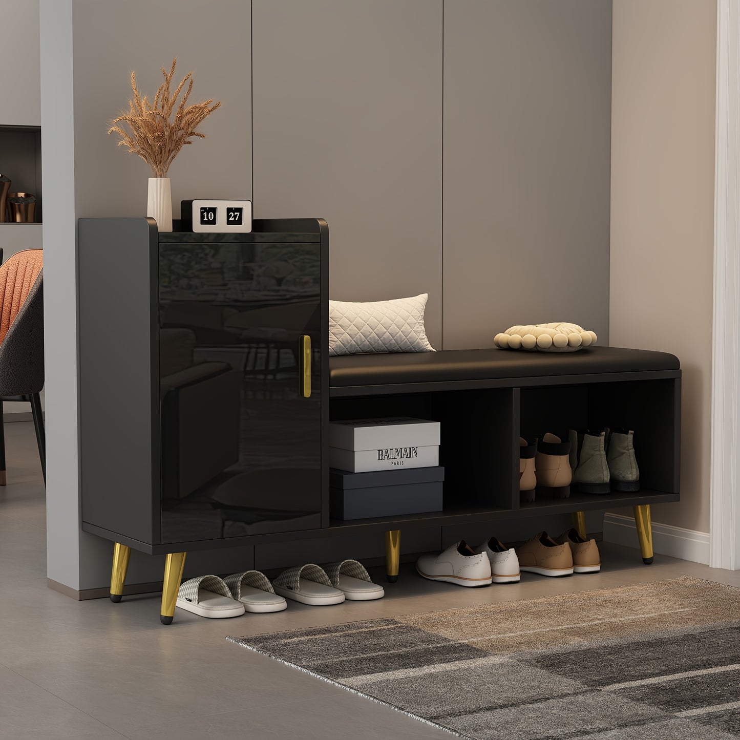 Schoenenbankje – Schoenenkast – Schoenenopberger – Schoenenrek – Schoenenbank – Bamboe Materiaal – Hoogglans Zwarte Afwerking – Ruimtebesparend Design – Goudkleurige Accenten