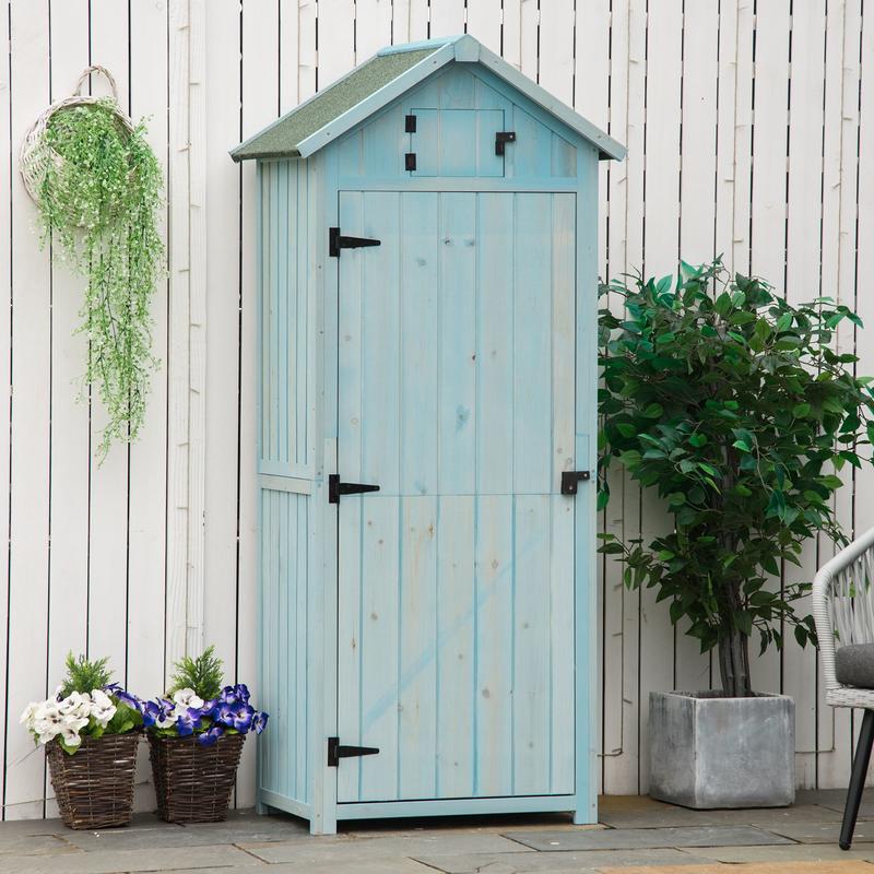 Large Outdoor Wooden Garden Shed with Gabled Roof & Door - Heavy-Duty Tool Storage Cabinet with Shelves, Lockable Door, Durable Hardwood Construction, Light Blue & Green Exterior, 77x54.2x179cm (30x21.3x70in) for Garden, Terrace, Backyard - Ideal fo