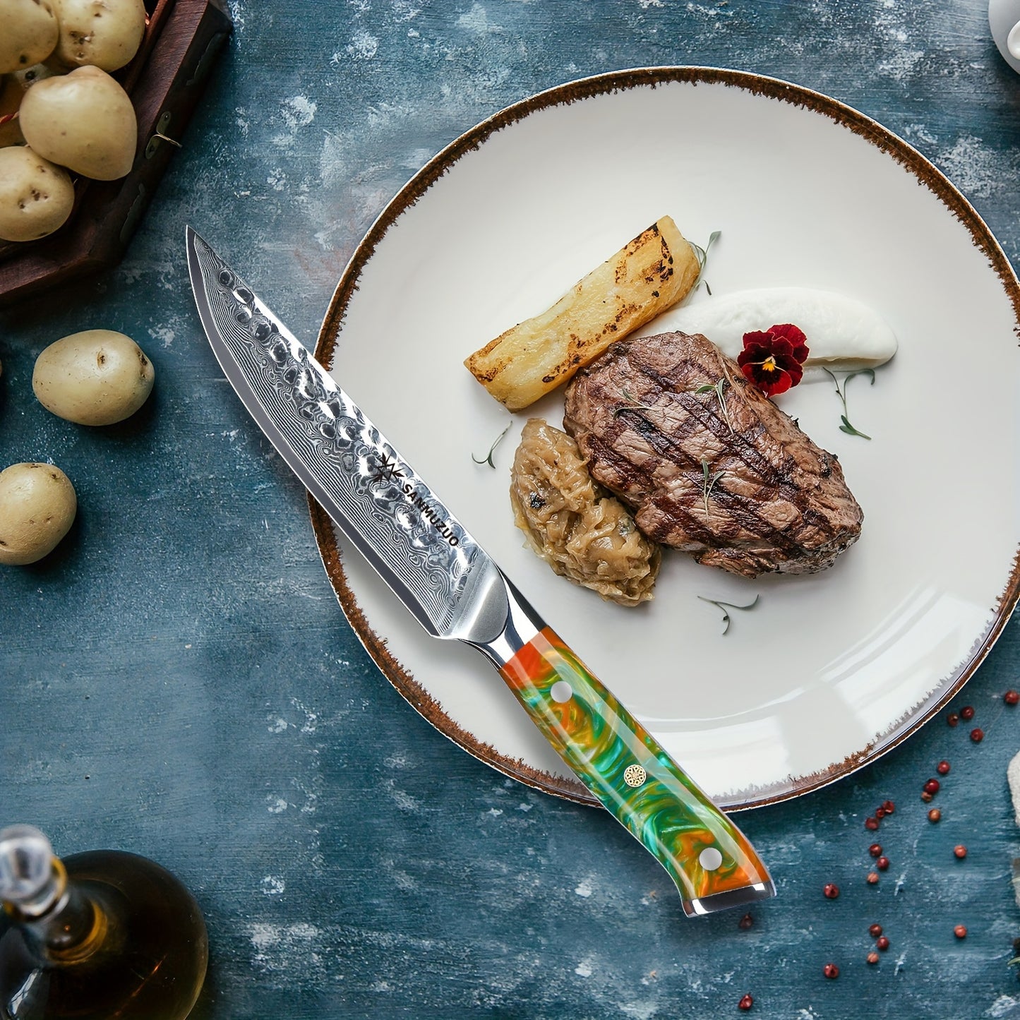 Damascus Steakmessen – Steakmessen Set – Vleesmessen – Keukenmessen – Steakmessen Oranje – Japans VG-10 Staal – 12,7 cm Lemmet