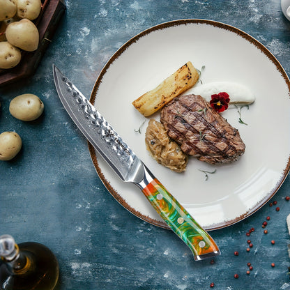 Damascus Steakmessen – Steakmessen Set – Vleesmessen – Keukenmessen – Steakmessen Oranje – Japans VG-10 Staal – 12,7 cm Lemmet