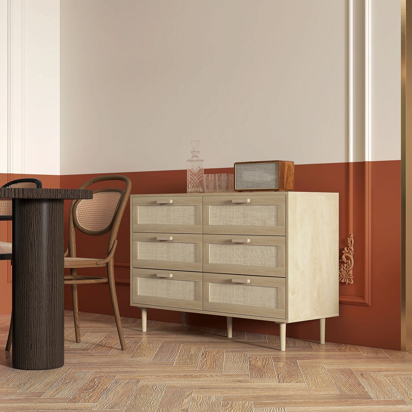 Opbergkast – Ladekast – Commode – Kast – Dressoir – 6 Lades – Rotan Geweven Front – Licht Hout – Compact Formaat – Stevige Constructie