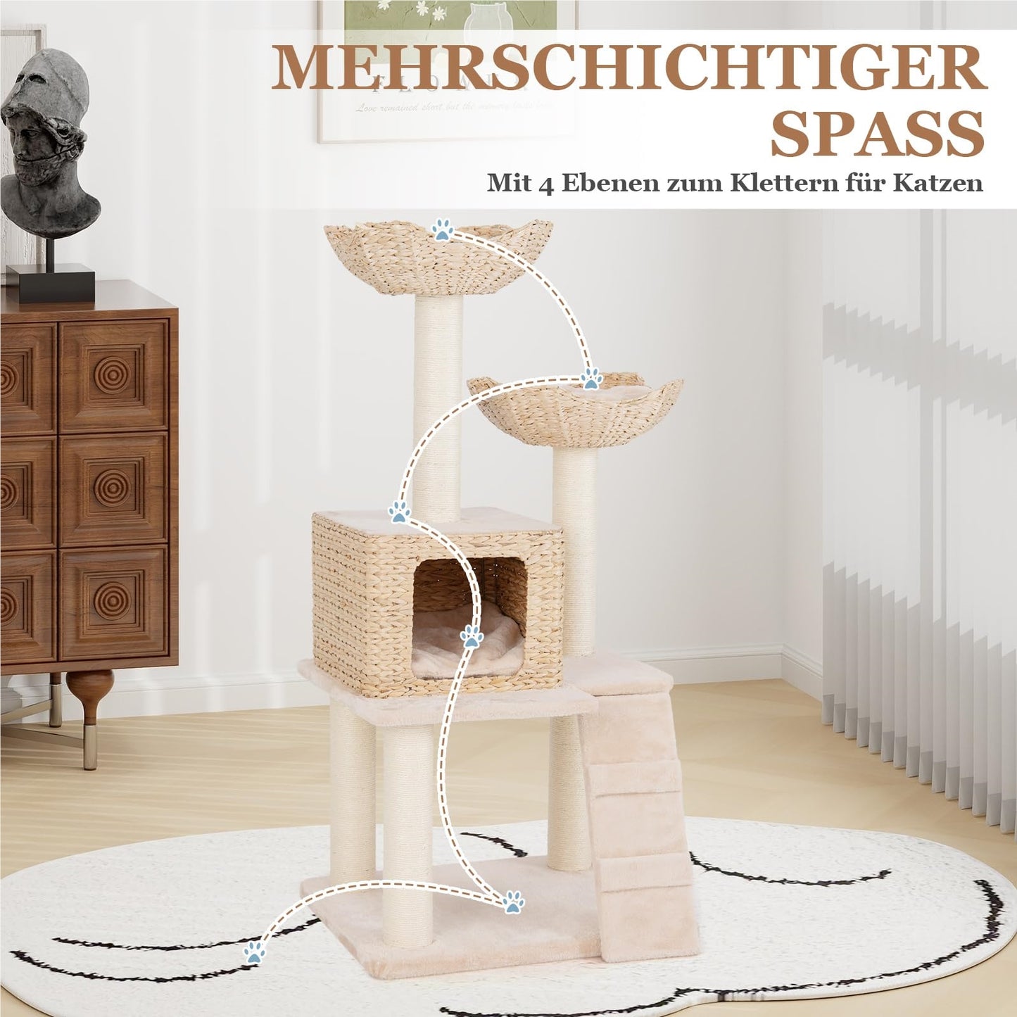 Krabpaal – Kattenpaal – Klimpaal – Krabmeubel – Krabton – Multilevel Klim- en Speelpaal – Sisal Krabpalen – Handgeweven Rattan Met Kussen – Beige – 122 Cm Hoog