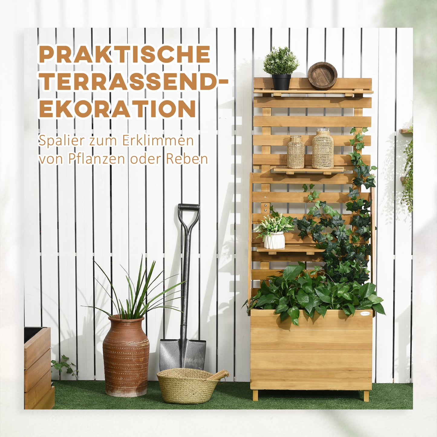 Verhoogd Plantenbed – Tuinbak – Kweekbak – Kruidenbak – Balkonbak – Massief Hout – Weerbestendig – 3 Lades – Inclusief Klimrek – 63x39x160 cm – Natuurlijke Afwerking