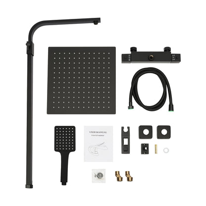 Regendouche – Douchesysteem – Douchekop – Doucheset – Douchekraan – Vierkante 30x30 cm Hoofddouche – Thermostaat Met Veiligheidsstop 38°C – RVS Matzwarte Afwerking