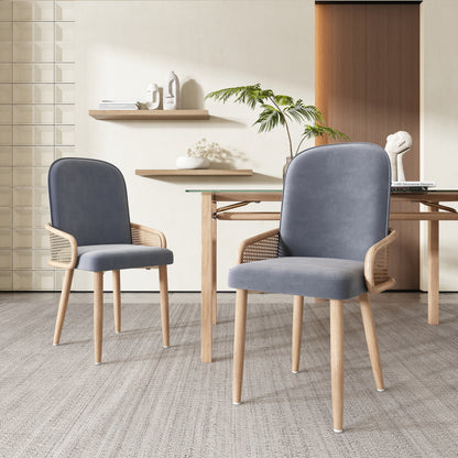 Rattan Stoel – Eetkamerstoel – Lounge Stoel – Accentstoel – Vintage Stoel – Metalen Frame – Houtnerf Effect – Set Van 2 – Compact & Comfortabel – Grijs Design