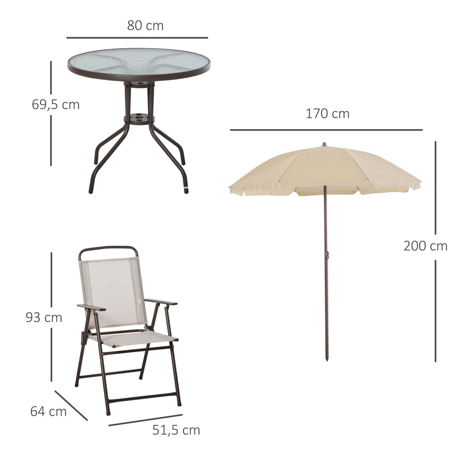 6-delig Tuinset – Bistro Set – Balkonmeubelen – Tuinmeubelset – Inklapbare Tuinstoelen – Epoxy Stalen Frame – Sneldrogende Textilene Bekleding – Rond Tafelblad van Gehard Glas – Parasol Inclusief – Ergonomisch Zitcomfort