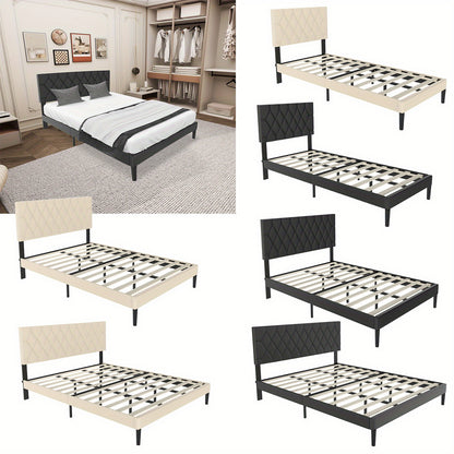 Upholstered Bed Frame – Gestoffeerd Bed – Bedframe – Platformbed – Bed Met Hoofdbord – Zwart 140x200 cm – Linnen Bekleding – Stil Geluidloze Lattenbodem