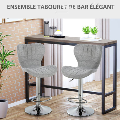 Barstoel – Barkruk – Keukenstoel – Verstelbare Kruk – Draaiende Barkruk – Set van 2 – Verstelbare Zithoogte 59-81 cm – 360° Draaibaar – Linnen Bekleding Grijs