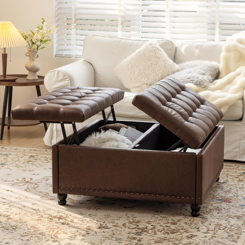 Poef – Ottoman – Zitzak – Voetenbank – Hocker – Grote Vierkante Opbergpoef – Donkerbruin Kunstleer – Lift-Top Met Opbergruimte