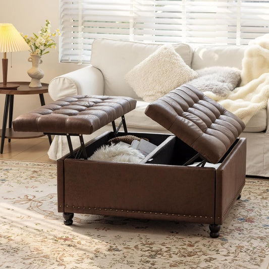 Poef – Ottoman – Zitzak – Voetenbank – Hocker – Grote Vierkante Opbergpoef – Donkerbruin Kunstleer – Lift-Top Met Opbergruimte