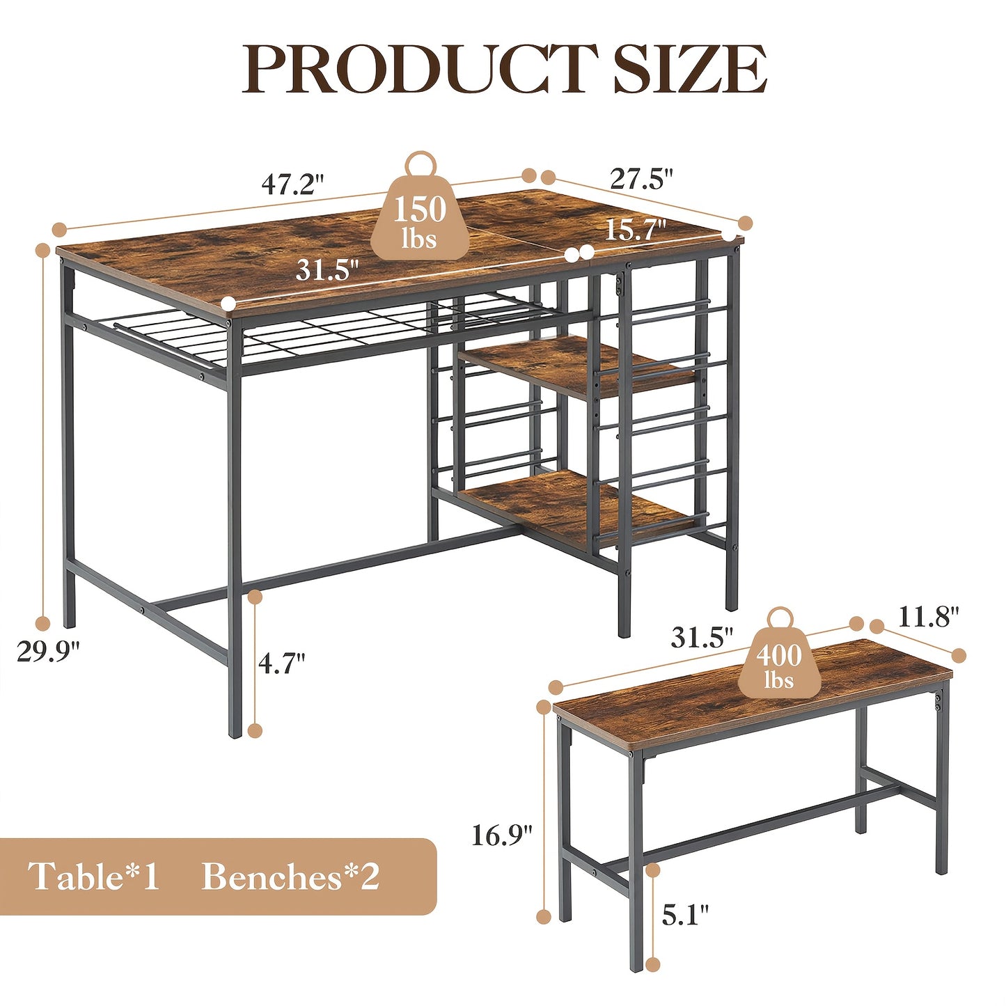 Eettafelset – Tafel Met Banken – Compacte Eetkamer Set – Keukentafel – Wijnrek – Hardhouten Rustiek Design – Ruimtebesparend Met Opbergruimte – Geschikt Voor 4 Personen