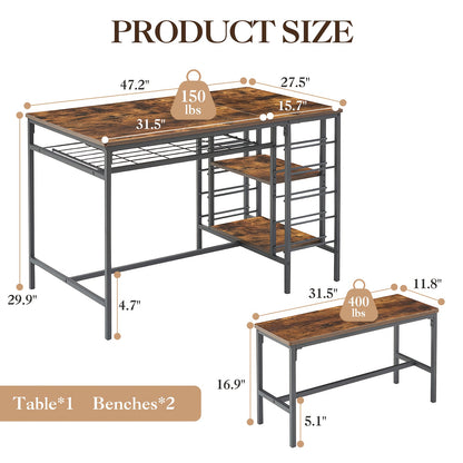 Eettafelset – Tafel Met Banken – Compacte Eetkamer Set – Keukentafel – Wijnrek – Hardhouten Rustiek Design – Ruimtebesparend Met Opbergruimte – Geschikt Voor 4 Personen