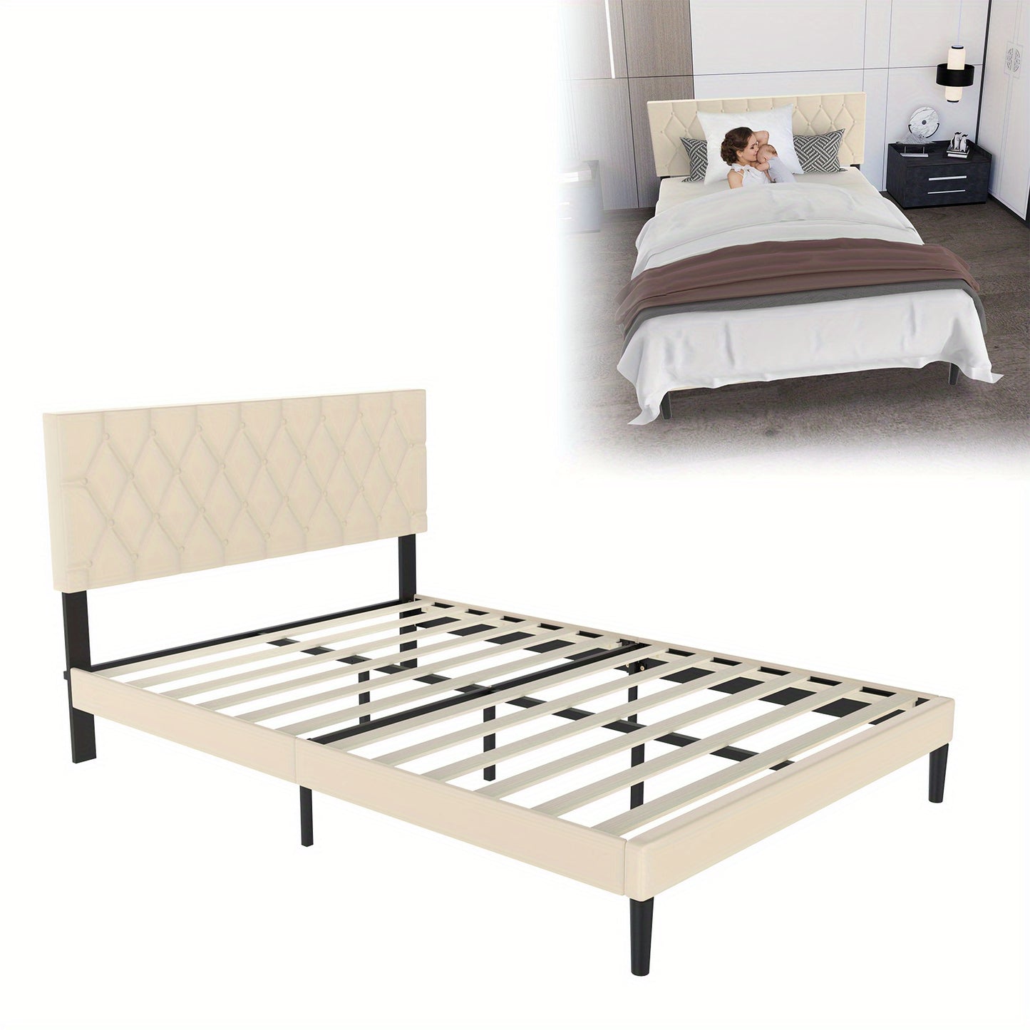Gestoffeerd Bed – Bedframe – Ledikant – Slaapbed – Tweepersoonsbed – 140x200 cm – Beige Imitatieleer – Stevige Houten Lattenbodem