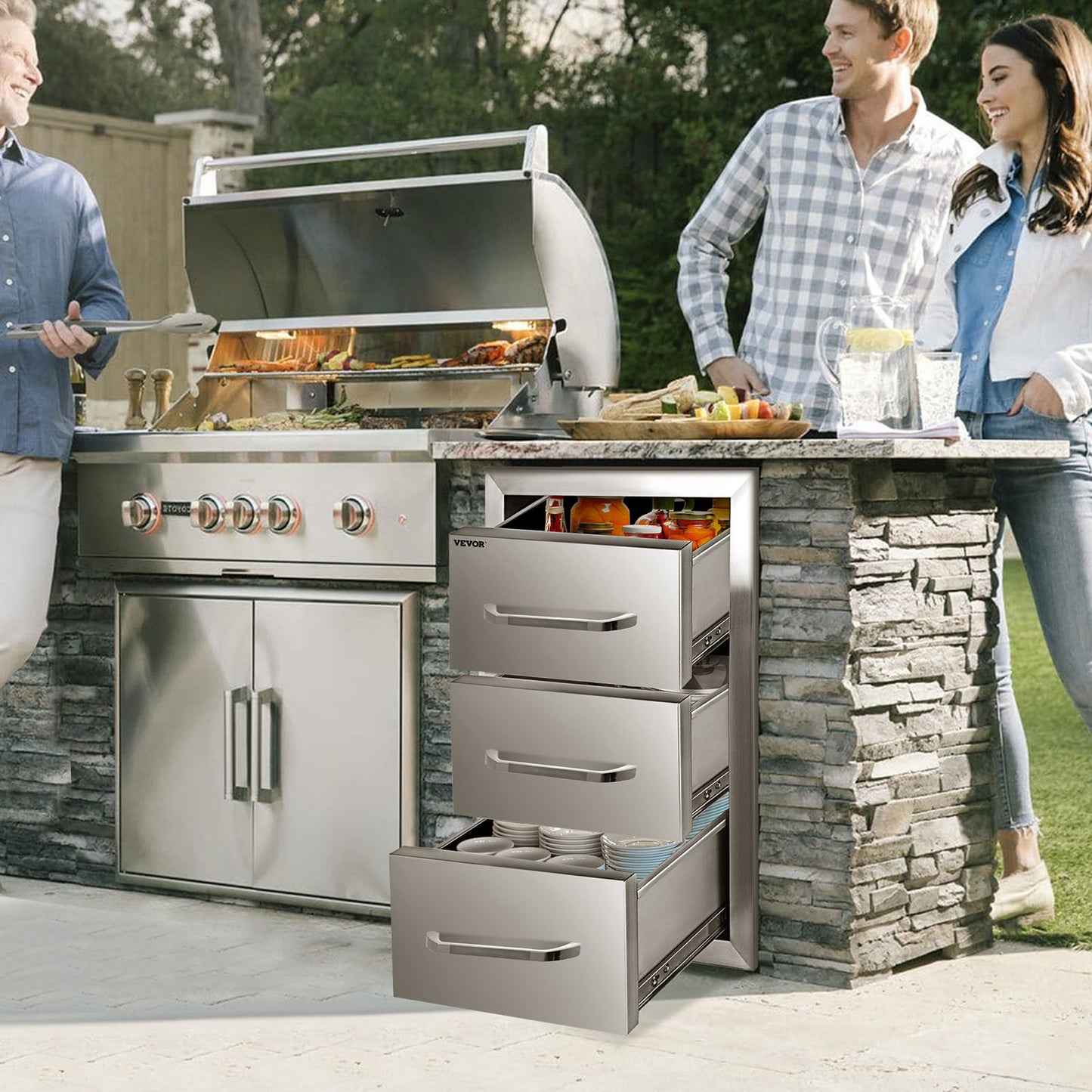 bbq lades – buitenkeuken lades – opberglades – uitvalschuifladen – bbq eiland opbergruimte – roestvrij staal – 3-laags ruime lades