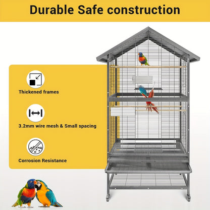 Vogelkooi – Volière – Vogelkooi Groot – Kooi Papegaaien – Vogelkooi Met Wielen – Heavy-Duty Smeedstaal – Extra Ruim Speeloppervlak 80x60 cm