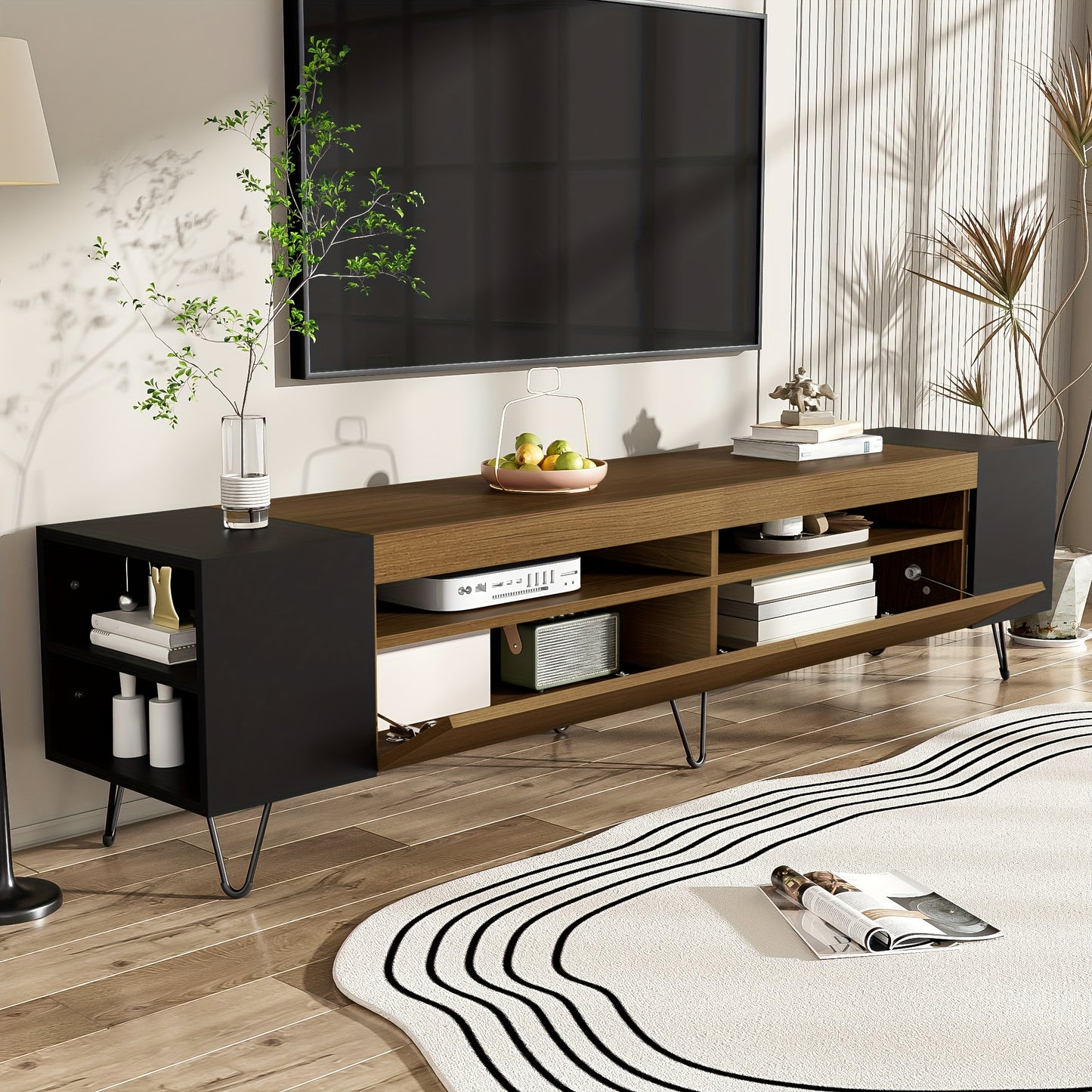 Modern TV Stand 180cm - Black & Wood Finish Engineered Wood & Composite Construction, Minimalist Design with Open Shelves & Closed Storage, Sturdy Metal Legs for Living Room, Bedroom, Home Theater, Tv Table for Living Room