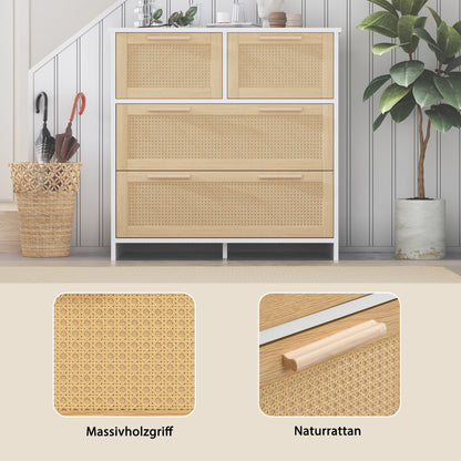 Opbergkast – Dressoir – Ladekast – Kast – Rattan Kast – 4 Grote Laden – Natuurlijk Wit Hout
