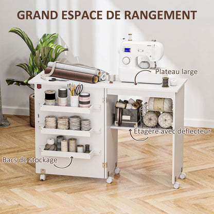 Naaitafel – Naaikast – Werktafel – Hobbytafel – Creatieve Tafel – Inklapbaar Werkblad – Stevig Houten Frame – Opbergruimte Met Wieltjes – Wit – 118x40x79,5 cm