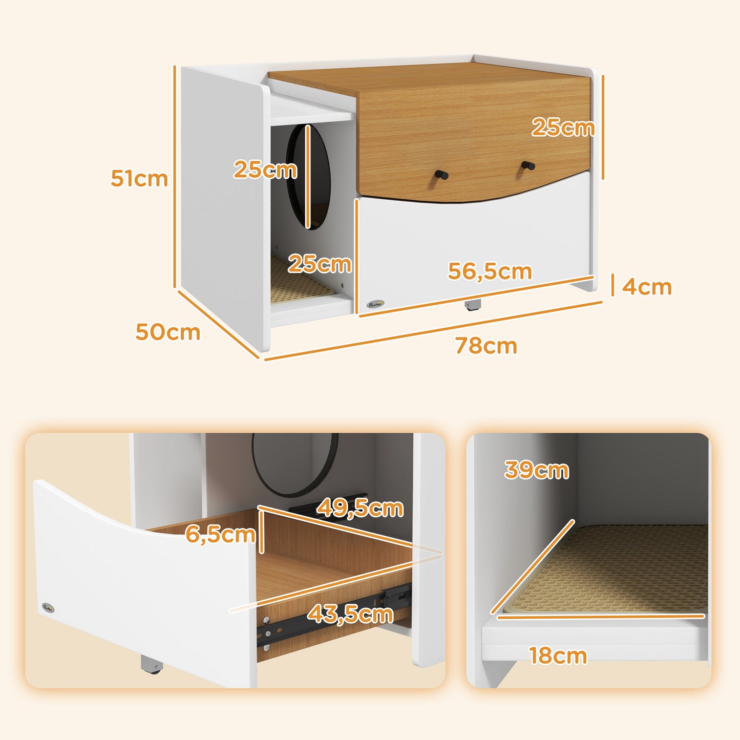 Kattenbakombouw – Kattenbakkast – Kattenbakmeubel – Kattenbaklade – Kattenbakverbergkast – Eikenhout Wit – Uittrekbare Lade – Extra Opbergruimte 78x50x51 cm