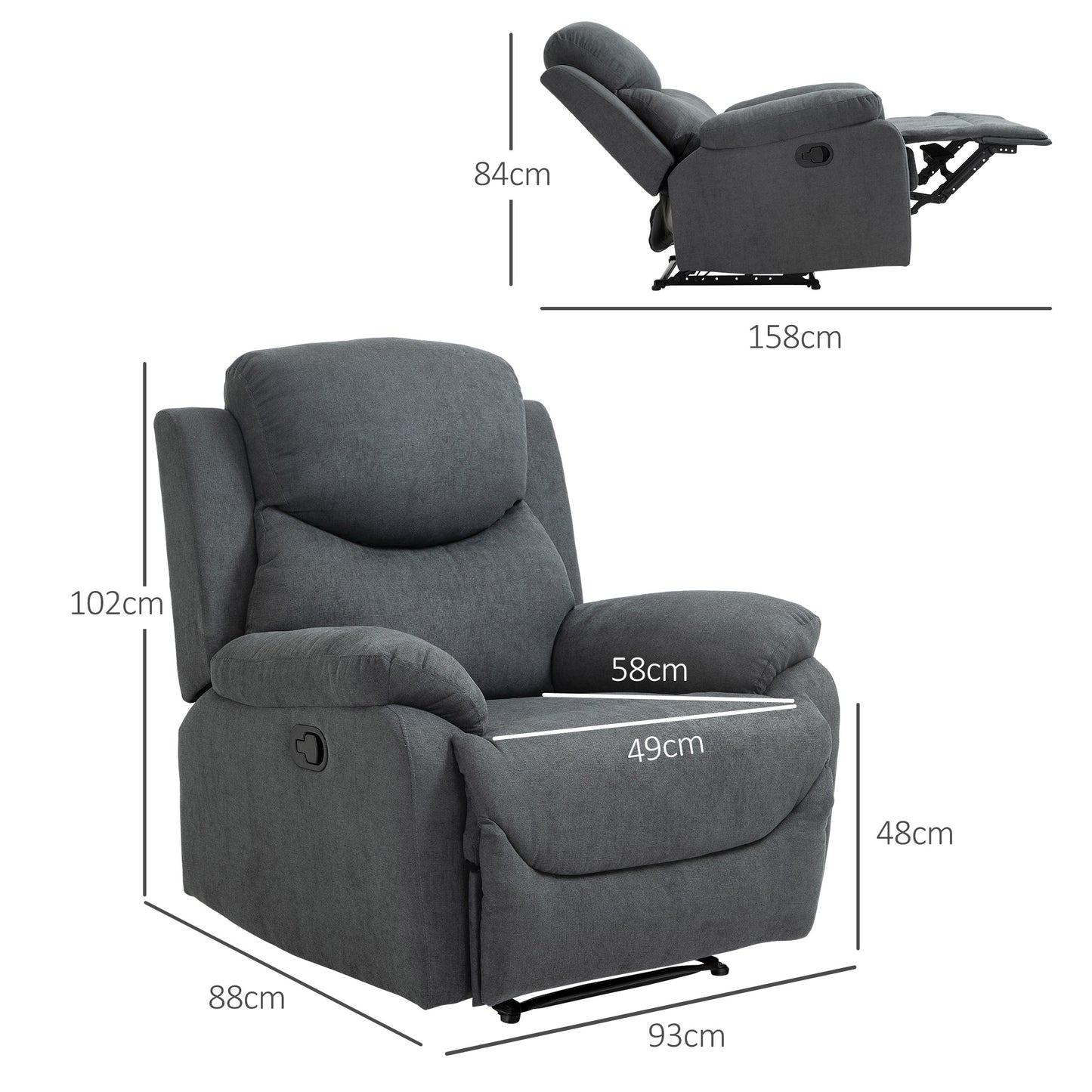 Relaxfauteuil – Relaxstoel – Kantelbare Stoel – Zitfauteuil – Donkergrijs Linnen Look – Kantelfunctie tot 150° – Compact Formaat