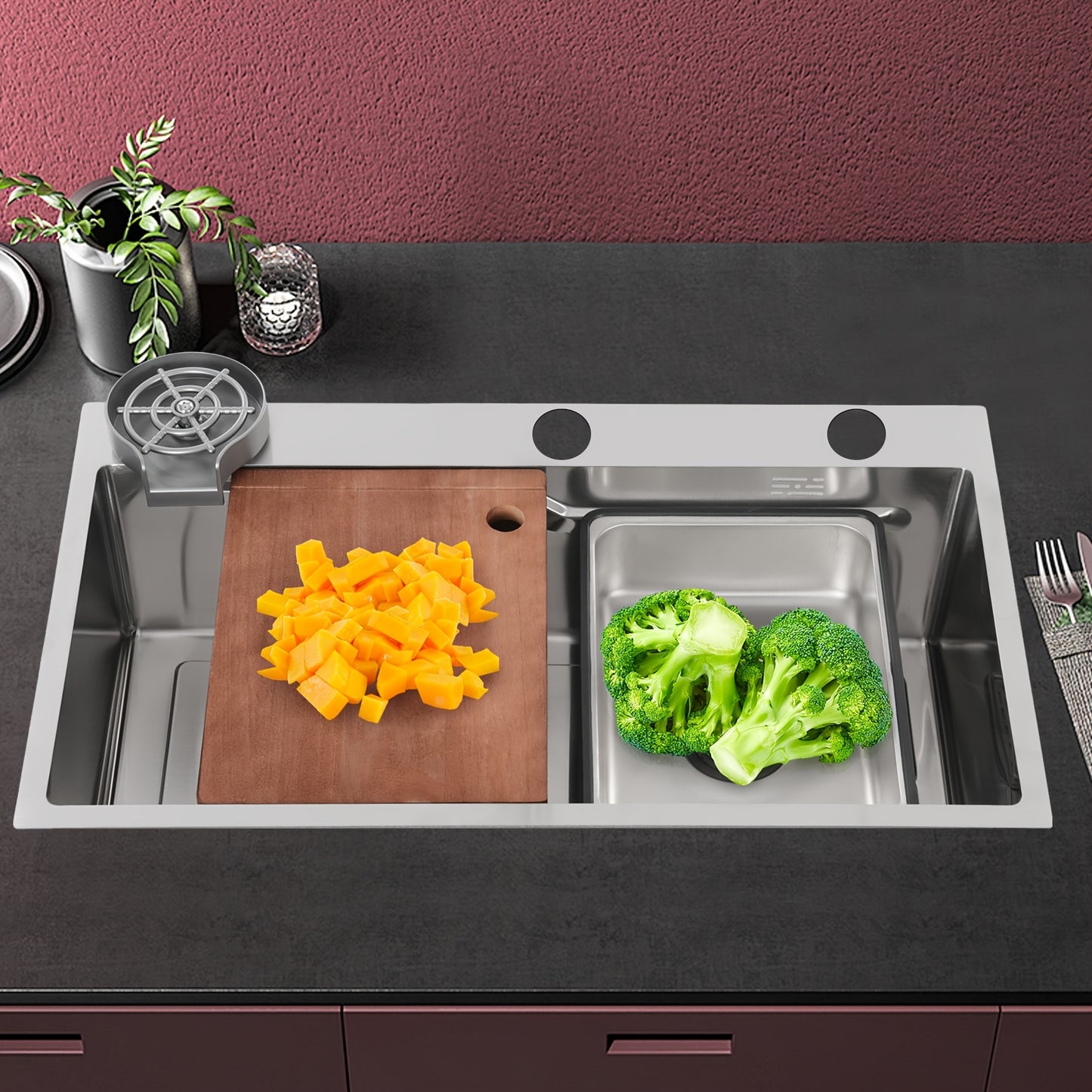 Spoelbak – Keukenspoelbak – RVS Wasbak – Inbouw Spoelbak – Multifunctionele Spoelbak – 304 RVS Met Nano-Coating – Inclusief Houten Snijplank & Afwateringsmand – 75x45x22 cm Silver