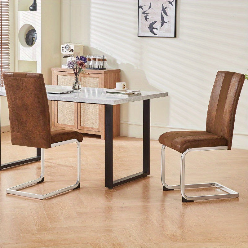 Cantilever Stoel – Schommelstoel – Eetkamerstoel – Bureaustoel – Fauteuil – Faux Suède Bekleding – Verchroomd Metalen Frame – Hoge Rugleuning – Stabiele Constructie – Bruin