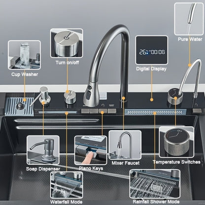 keukenspoelbak – spoelbak – gootsteen – wasbak – keukenbak – RVS multifunctioneel – watervalrand – drop-in installatie – met zeeppomp en bekerhouder – grijs