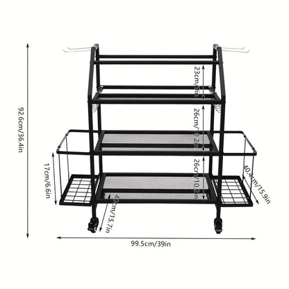 Dumbbellrek – Halterrek – Fitnessrek – Gewichtenrek – Home Gym Organizer – Stalen 3-Laags Rek Met 4 Wielen – Zijhaken Voor Springtouwen en Handdoeken