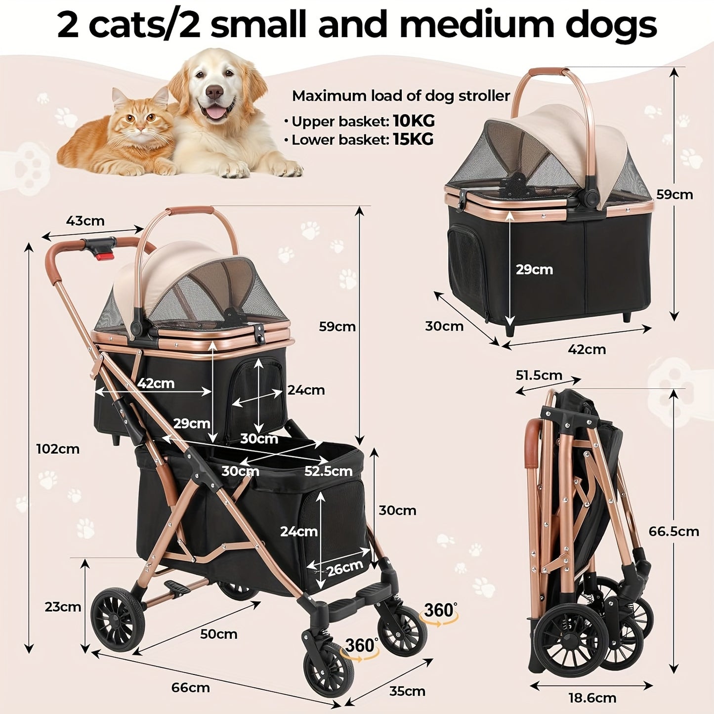Hondenbuggy – Huisdierenbuggy – Wandelwagen – Duwwagen – Buggy voor Kleine Honden – 2-laags Dubbele Mand – Opvouwbaar – Inclusief Transporttas