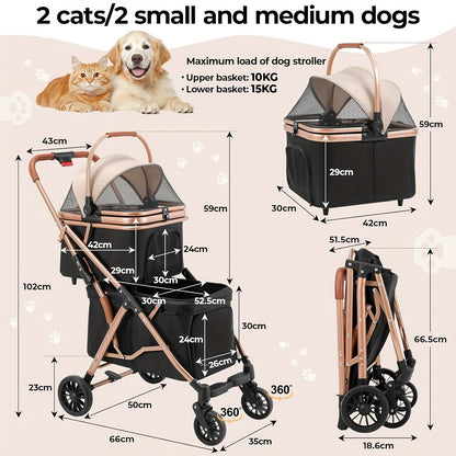 Hondenbuggy – Huisdierenbuggy – Wandelwagen – Duwwagen – Buggy voor Kleine Honden – 2-laags Dubbele Mand – Opvouwbaar – Inclusief Transporttas