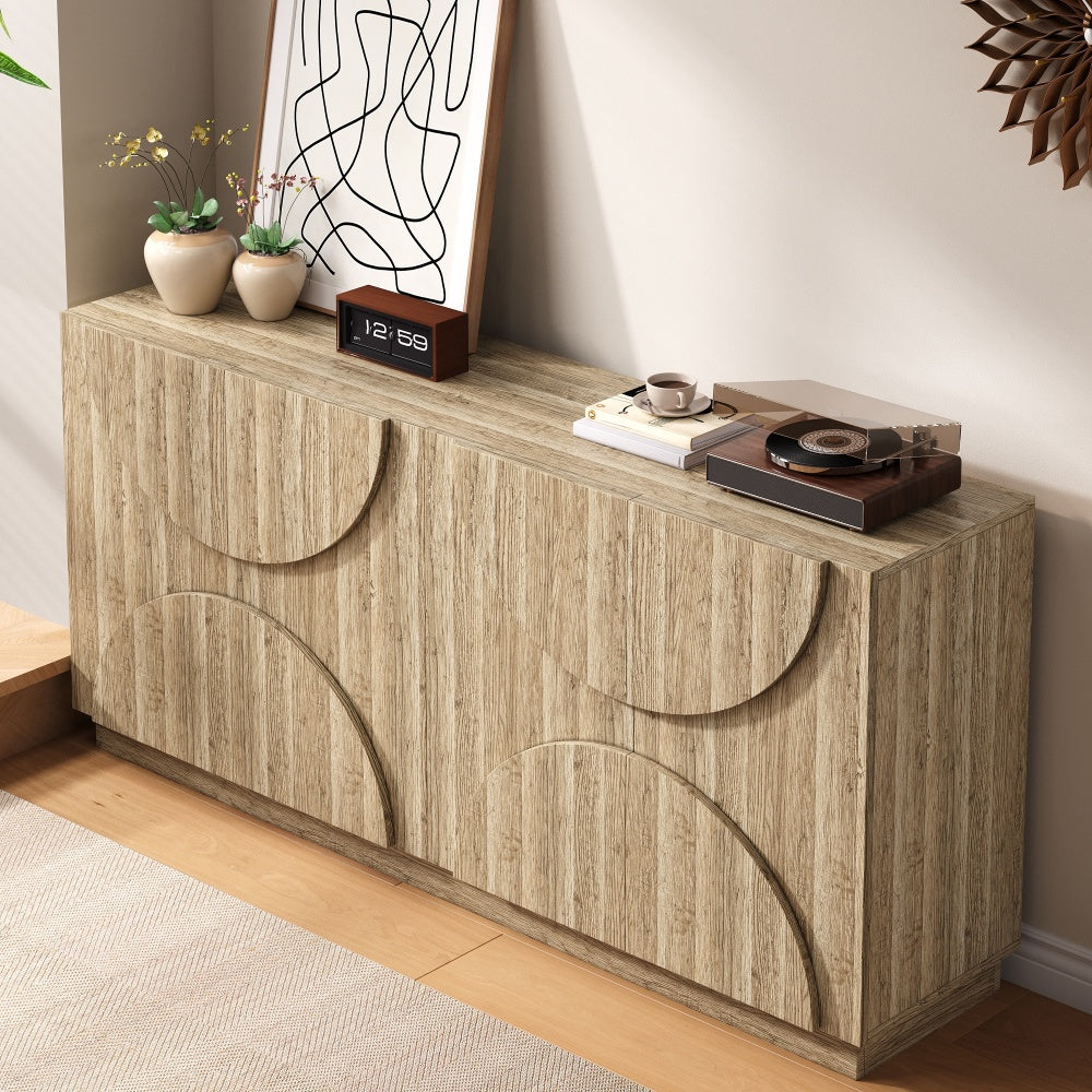 Dressoir – Opbergkast – Ladekast – Buffettafel – Sideboard – Modern Design – Veerbelaste Deur – Beige Wit – Duurzaam Niet-Houten Materiaal – Meerdere Planken – Eenvoudige Montage
