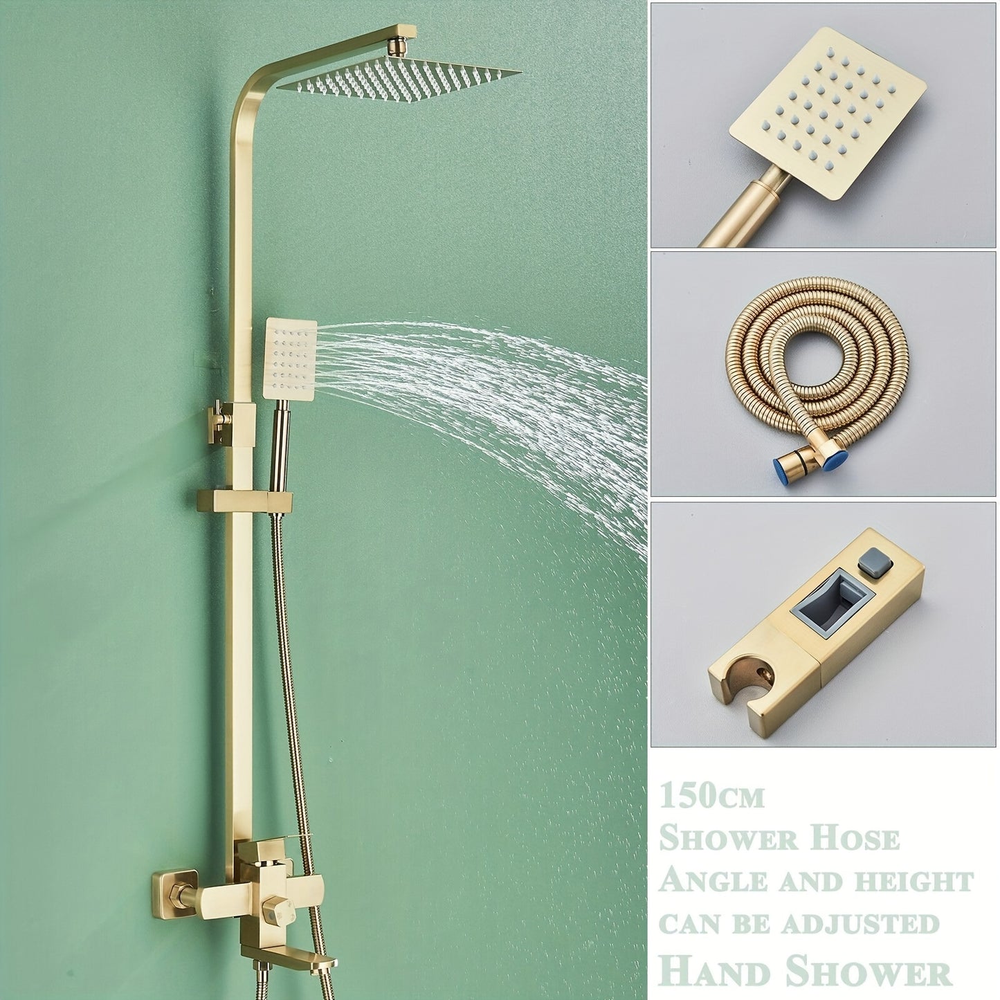 Regendouche Set – Douchekraan – Douchekop – Douchekraan Set – Douche Systeem – Brushed Gouden Afwerking – 20 cm Vierkante Regendouchekop – Duurzaam Messing