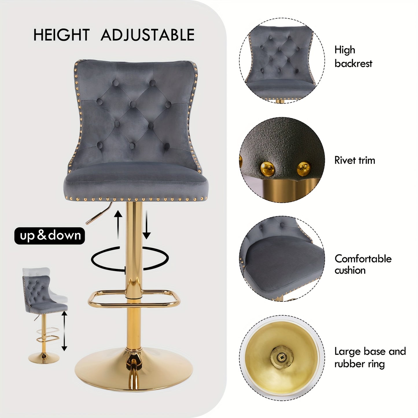 Barstoelen – Barkrukken – Krukken – Keukenstoelen – Hoge Stoelen – Set Van 2 – Draaibaar Met Verstelbare Zithoogte – Wit Fluweel Met Gouden Frame