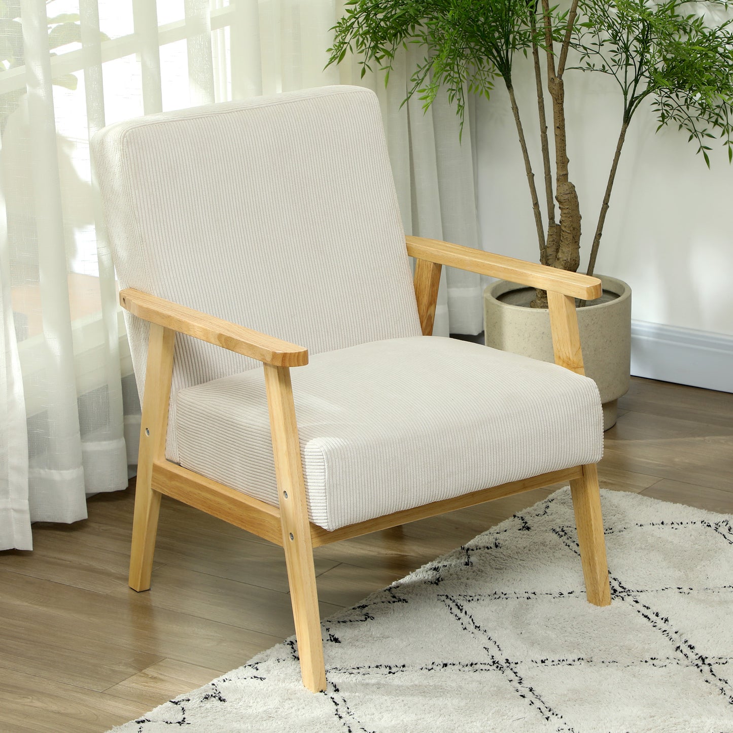 Fauteuil – Lounge Stoel – Relaxfauteuil – Accentstoel – Armstoel – Comfortabele Corduroy Bekleding – Stevig Rubberhouten Frame – Crème Wit
