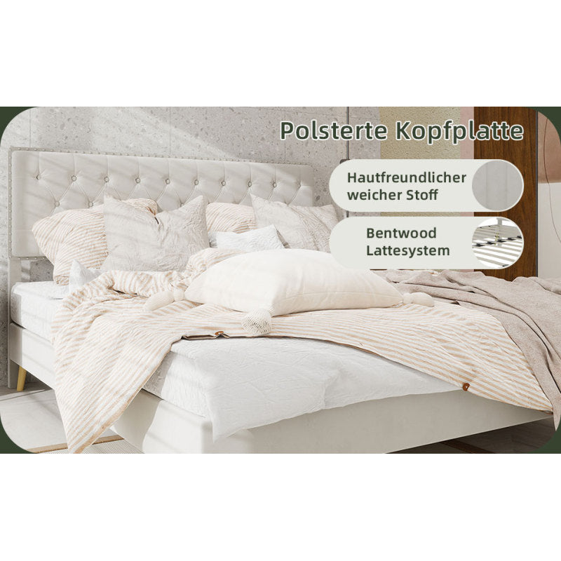 Bedombouw – Bedframe – Bedkast – Slaapkamerbed – Boxspring – Beige Stoffen Hoofdeinde – Laag Ontwerp – Duurzame Constructie – Ruimtebesparend – 140x200 cm