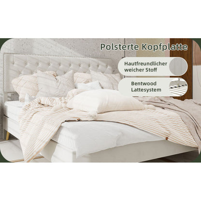 Bedombouw – Bedframe – Bedkast – Slaapkamerbed – Boxspring – Beige Stoffen Hoofdeinde – Laag Ontwerp – Duurzame Constructie – Ruimtebesparend – 140x200 cm
