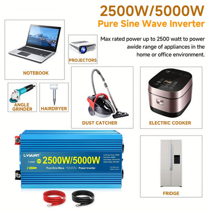 Zuivere Sinusgolf Omvormer – Stroomomzetter – Power Inverter – DC Naar AC Converter – 2500W / 5000W Pieken – LCD Display – Compact & Lichtgewicht