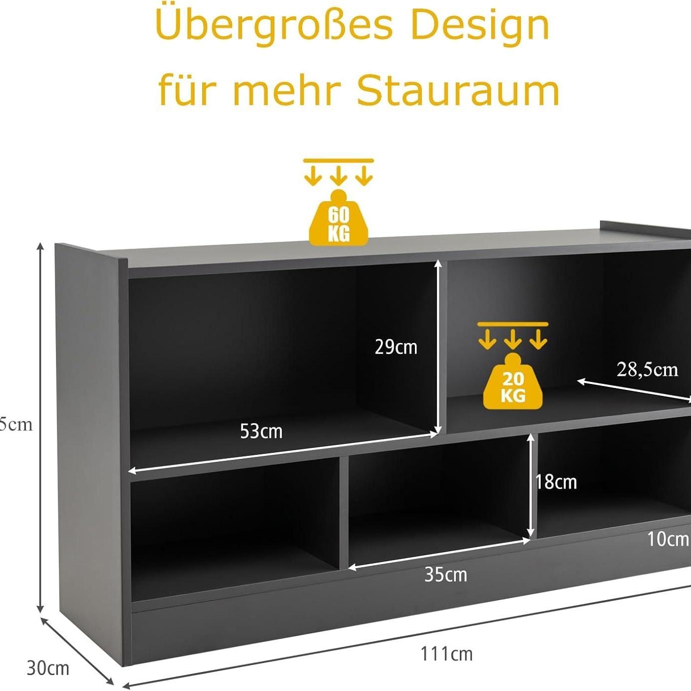 Houten Speelgoedkast – Speelgoedrek – Opbergkast – Kinderkast – Speelgoedmeubel – 5 Ruime Vakken – Veilig Afgeronde Hoeken – Bruin 111x30x61,5 cm