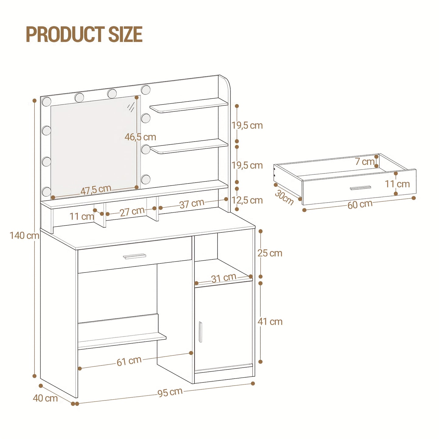 Dressing Table with Mirror And 10 LED Lights, Dressing Table with 3 Shelves & 4 Open Compartments, Dressing Table with Large Drawer & Cabinet, 3 Adjustable Lighting Levels, Mounted Closet Systems