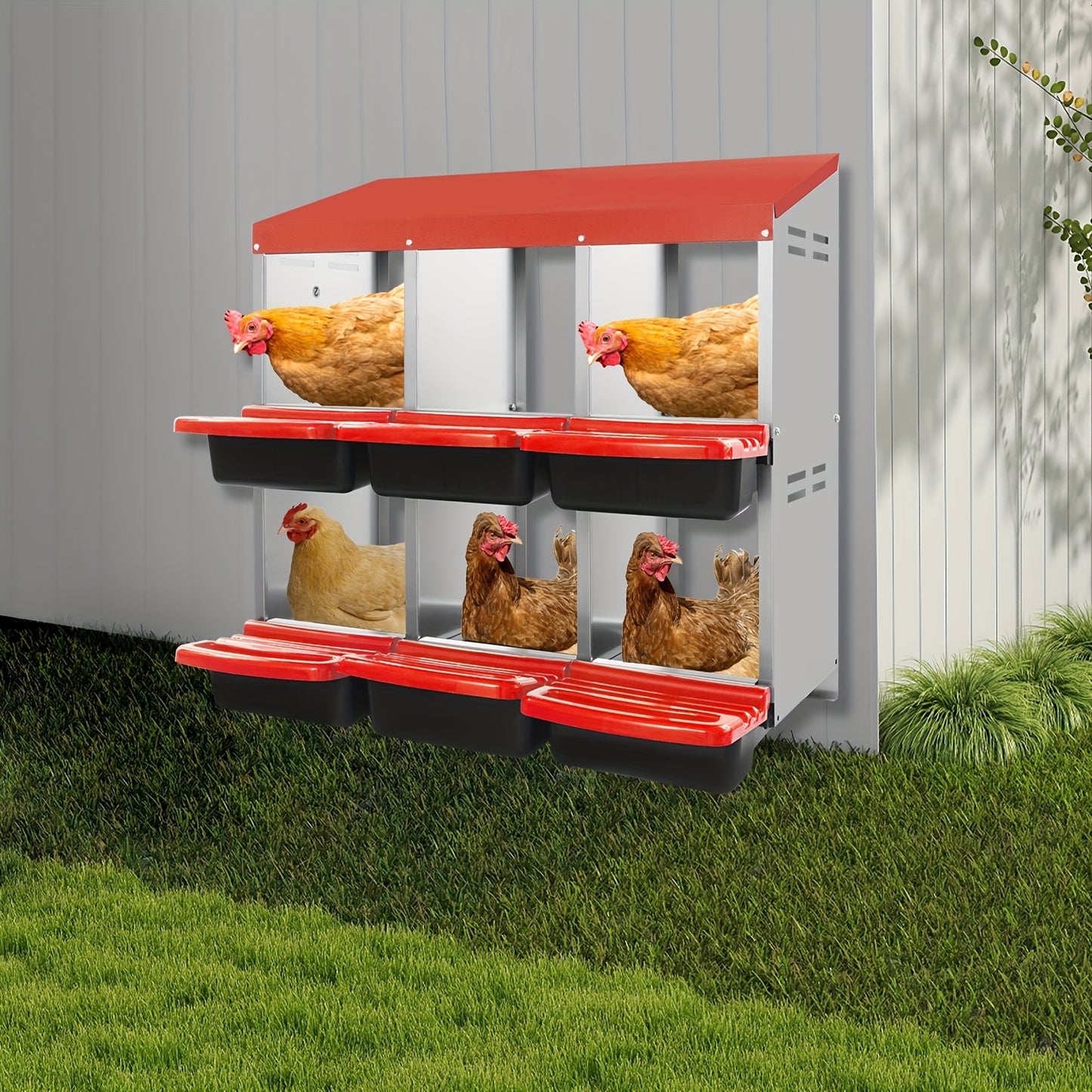 6-Compartment Heavy-Duty Plastic Chicken Nesting Box with Ventilation System & Egg Collection - Red Outdoor/Indoor Egg Laying Station, Easy-Clean Design, No Batteries/Electricity, Durable Weatherproof Construction for Backyar