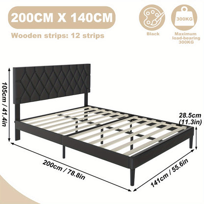 Bedframe – Ledikant – Platformbed – Boxspringframe – Gestoffeerd bed – Zwart – Lederen Bekleding – 90x200 cm – Stevig Metaal – Comfortabele Lattenbodem