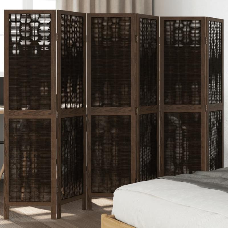 Modern 6-Panel Wooden Divider Environment - Brown Dark Solid Paulownia Wood, Removable & Reusable Indoor/Outdoor Room Divider for Living Room, Bedroom, Office, Kitchen, Dining Room, Patio, Balcony, Partition, Versatile Divide
