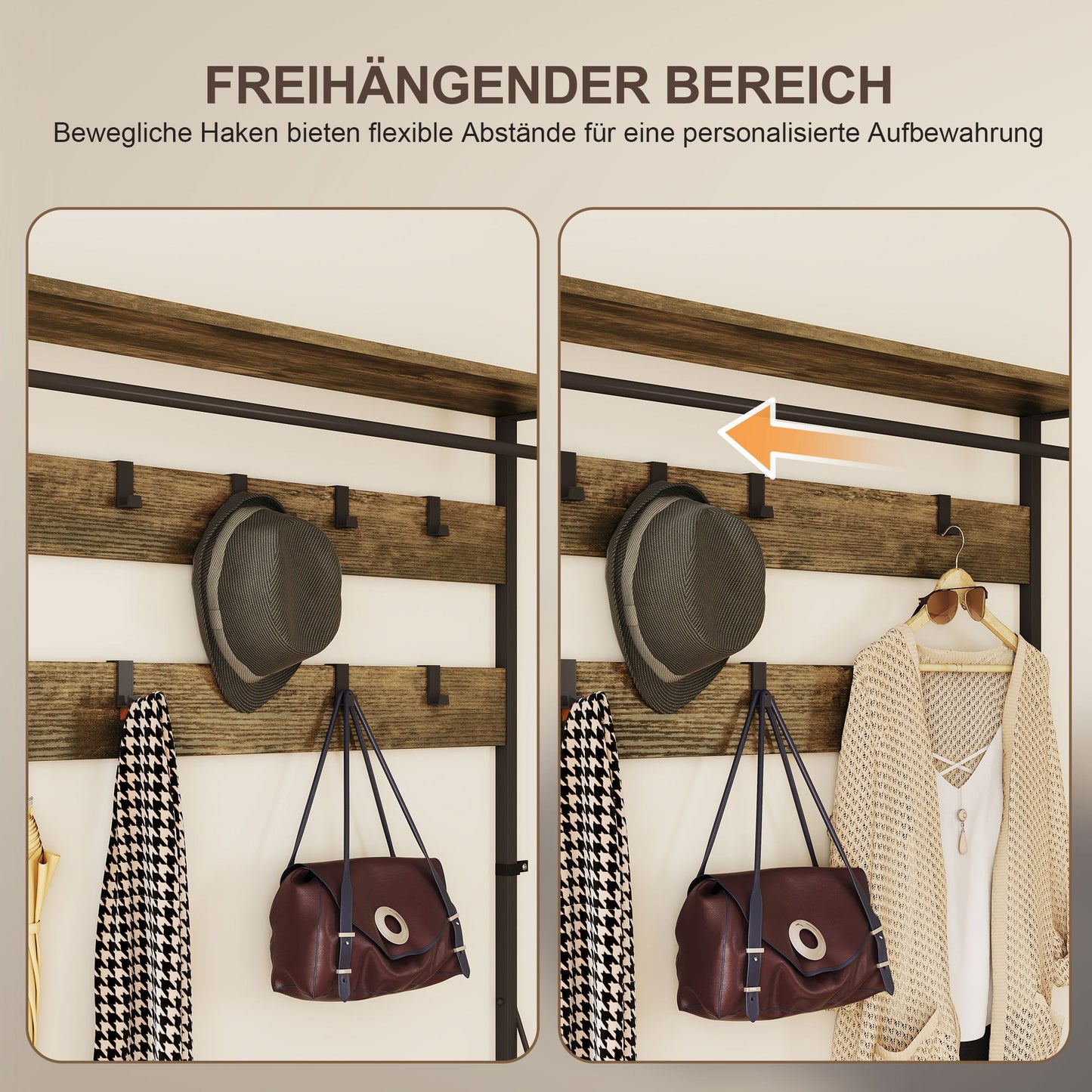 6-in-1 Coat Rack with Shoe Shelf, Industrial Style, 10 Hooks, 2 Fabric Drawers, Metal, Brown
