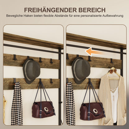 6-in-1 Coat Rack with Shoe Shelf, Industrial Style, 10 Hooks, 2 Fabric Drawers, Metal, Brown