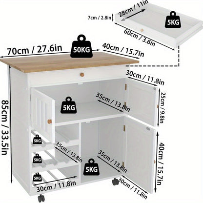 Keukenwagen – Keukentrolley – Serveerwagen – Keukeneiland – Keukenkast – Wit Houten Materiaal – 85x70x40 cm – Mobiel Met Wieltjes